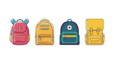 Sırt çantası Vektör İllüstrasyon Seti. Renkli Okul Çantası, Seyahat Sırt Çantası, Yürüyüş Sırt Çantası ve Eğitim, Macera ve Tasarım için Öğrenci Çantaları