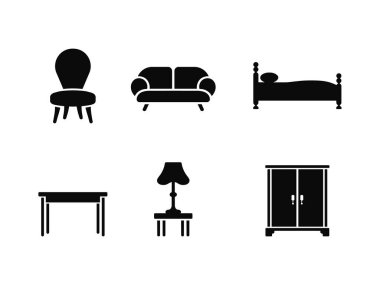 Siluet ev mobilyası ikonları, sandalye, kanepe, yatak, masa, lamba, gardırop, iç tasarım resimleme