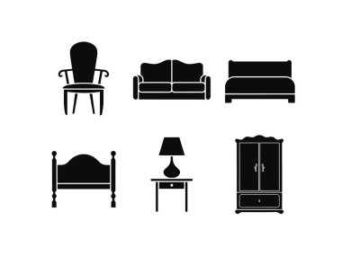 Siluet ev mobilyası ikonları, sandalye, kanepe, yatak, masa, lamba, gardırop, iç tasarım resimleme