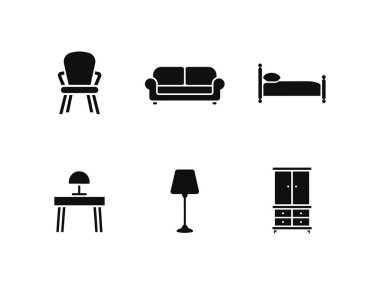 Siluet ev mobilyası ikonları, sandalye, kanepe, yatak, masa, lamba, gardırop, iç tasarım resimleme