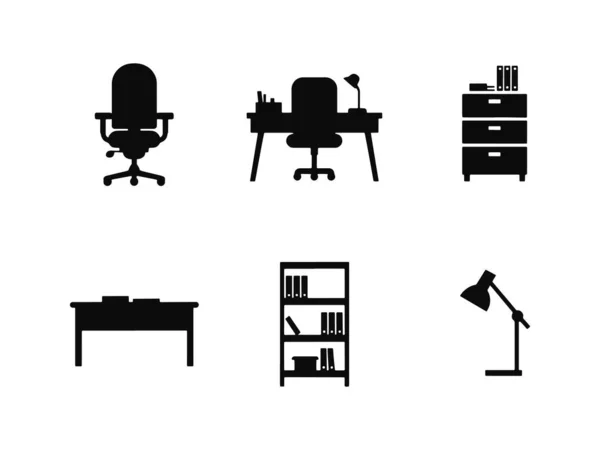 Ofis mobilya vektörü simgeleri, sandalye, masa, lamba, toplantı masası, dolap, kitaplık, iş yeri çizimi
