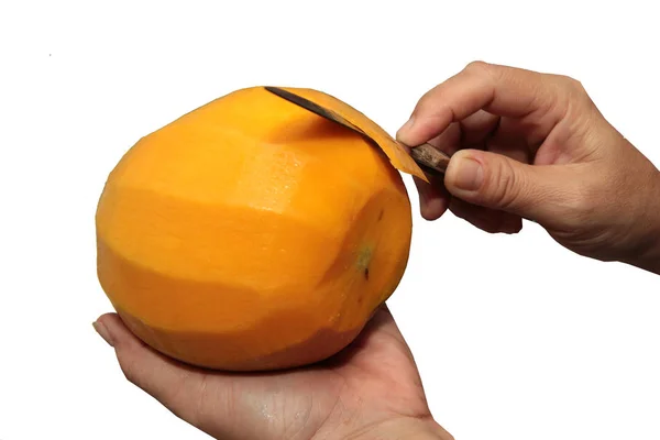 Isolerat Mogen Orange Röd R2E2 Mango Använda Vänsterhand Och Höger — Stockfoto