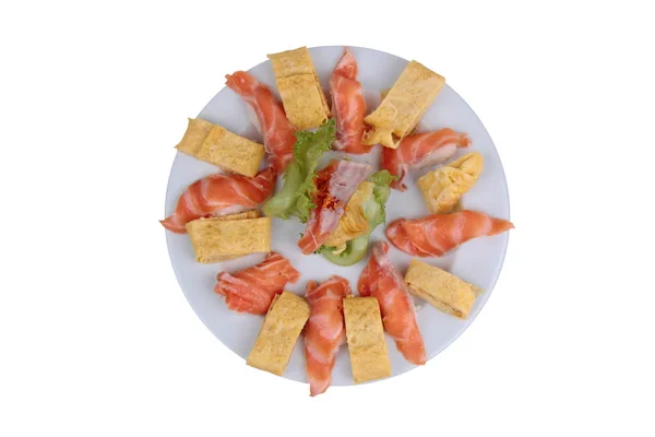 Japanese Food Salmon Sushi Japanese Rolled Omelette Tamagoyaki Salmon Salad — Stock Photo, Image