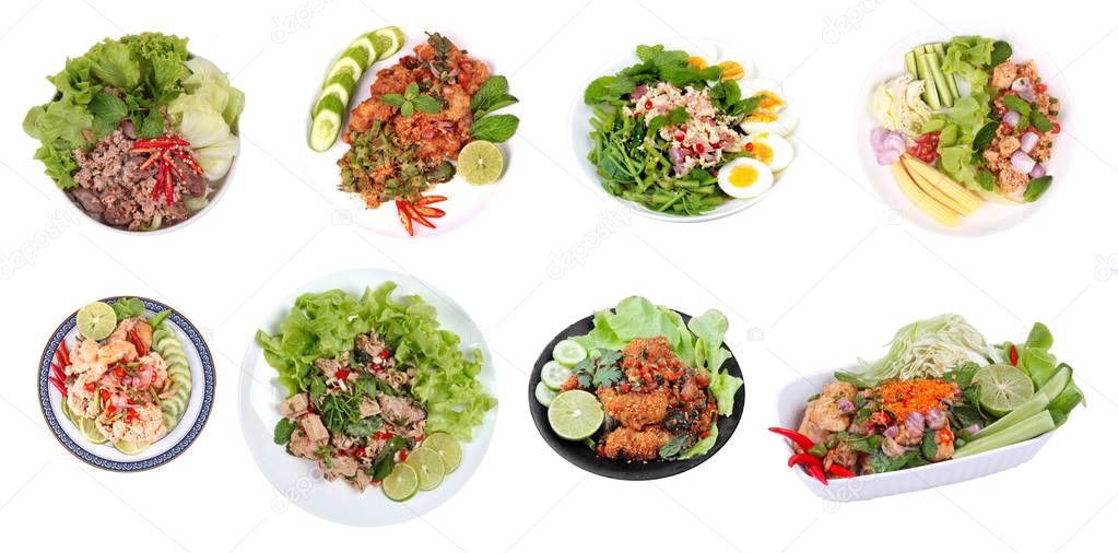 Thailand best of spicy salad as ,Spicy and sour mixed herb salad with minced pork, deep-fried chicken,boiled eggs,grilled pork , carp eggs of silver barb fish and canned tuna