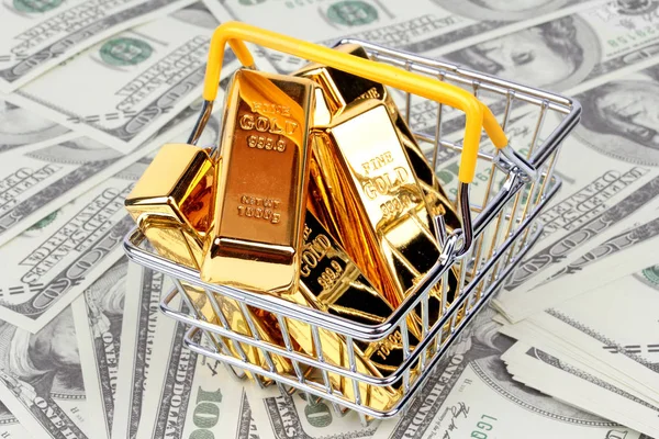 Goldbarren Warenkorb Mit Gelber Markierung Für Supermarkt Auf Geldschein — Stockfoto