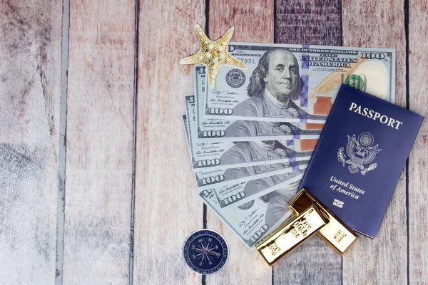 Gold Bar Passaporte Nota Bancária Para Tempo Relaxamento Turismo Vista — Fotografia de Stock