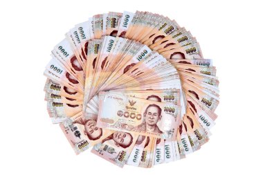 Para birimi 1000 Baht Tayland banknotlar yatıyordu çift yaymak
