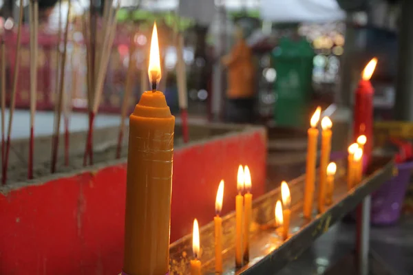 Buddhists Make Merit Placing Lighted Candle Lit Incense Candles Frame — Stock Photo, Image