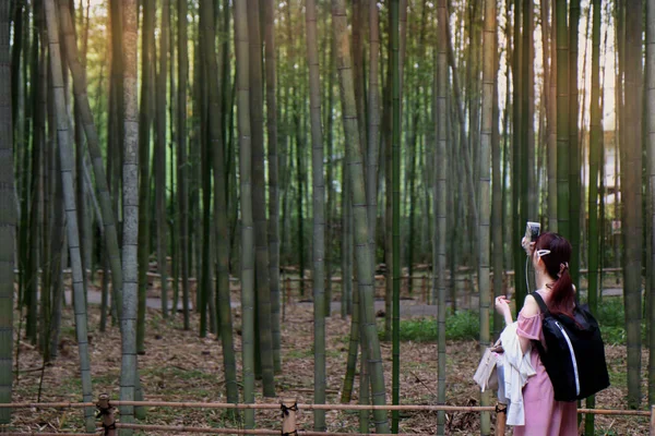 Ake foto zaino signora beatiful utilizzare il telefono cellulare mantenere la foto il — Foto Stock