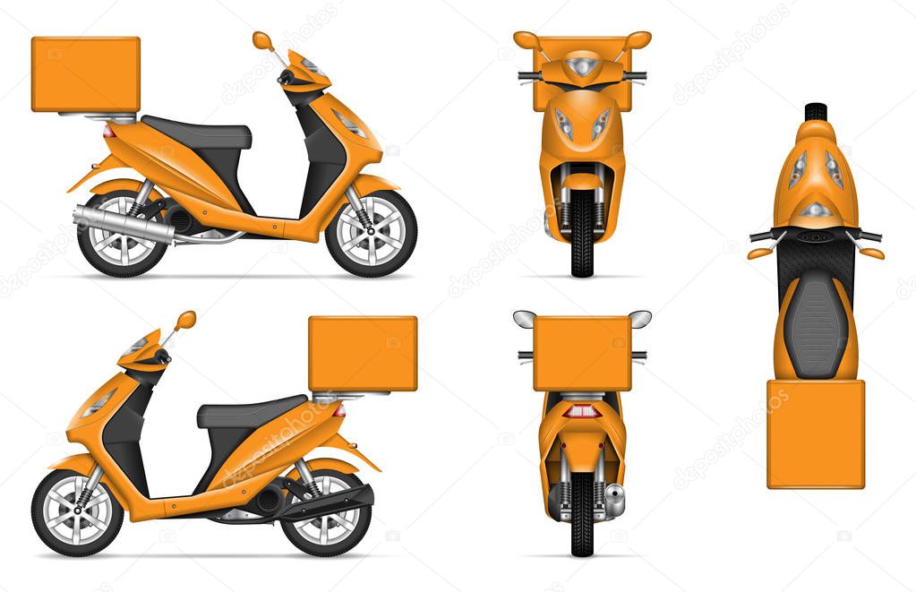 Download Delivery Scooter Vector Mockup On White For Vehicle Branding Corporate Identity View From Side Front Back And Top All Elements In The Groups On Separate Layers For Easy Editing And Recolor