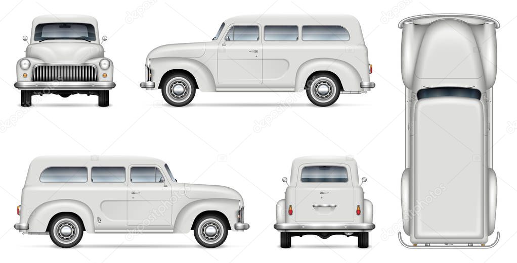 Download Retro Mini Van Vector Mockup For Vehicle Branding Advertising Corporate Identity Isolated Template Of Realistic Old Truck On White Background All Elements In The Groups On Separate Layers Premium Vector In PSD Mockup Templates
