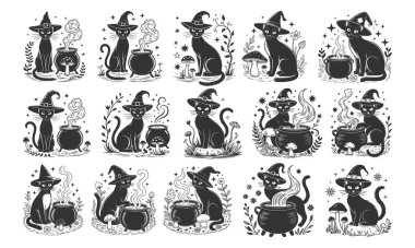 Cadılar Bayramı 'nda cadılar bayramı cadı kedisine sihirli kediler, şapkalar, kazanlar, mantarlar ve iksir tasarımları takıyorlar. Tişörtler için mükemmel ürkütücü gotik vektör seti mevsimlik dekor büyücülük sanat eserleri ve cadılar bayramı grafikleri. Eşsiz mistik kedi çizimleri ideal.