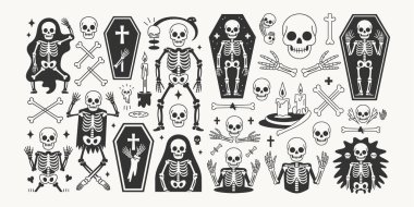 Cadılar Bayramı iskeleti ve kafatası vektör paketi içinde tabutlar, kemikler mumlar ve ürkütücü gotik tasarımlar. Tişörtler için mükemmel bir korku koleksiyonu perili gece grafikleri ürkütücü dekorlar ve mevsimlik sanat eserleri. Gotik appar için eşsiz cadılar bayramı çizimi ideal