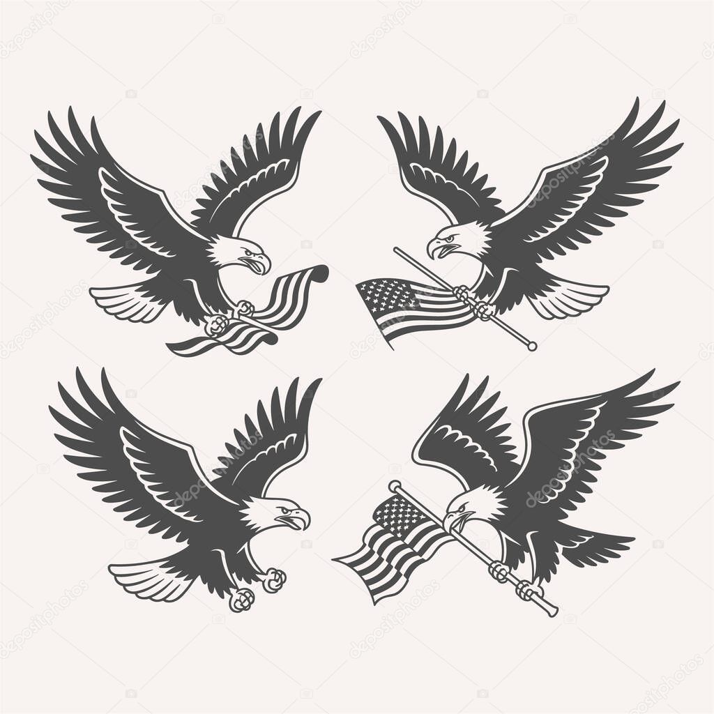Embrace patriotism with this collection of eagle and American flag vector designs. Featuring bold eagles flying with the stars and stripes, these graphics are perfect for t-shirt prints, logos, and merchandise. Ideal for patriotic apparel, representi