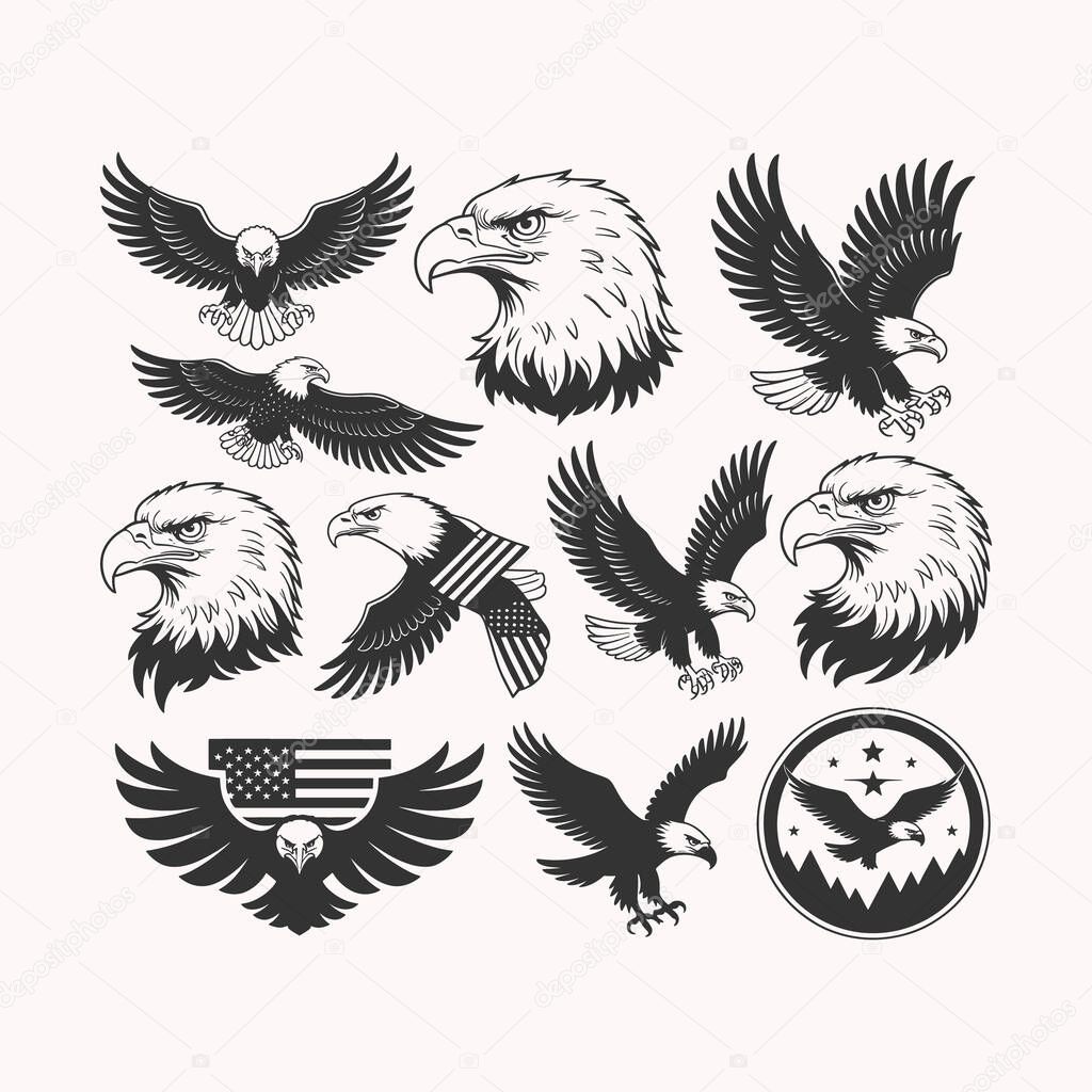 Explore a collection of dynamic eagle silhouette vector illustrations perfect for bold t-shirt designs. These unique and detailed eagle graphics showcase various flying and perched positions, ideal for apparel, merchandise, and logo creation. Ideal f