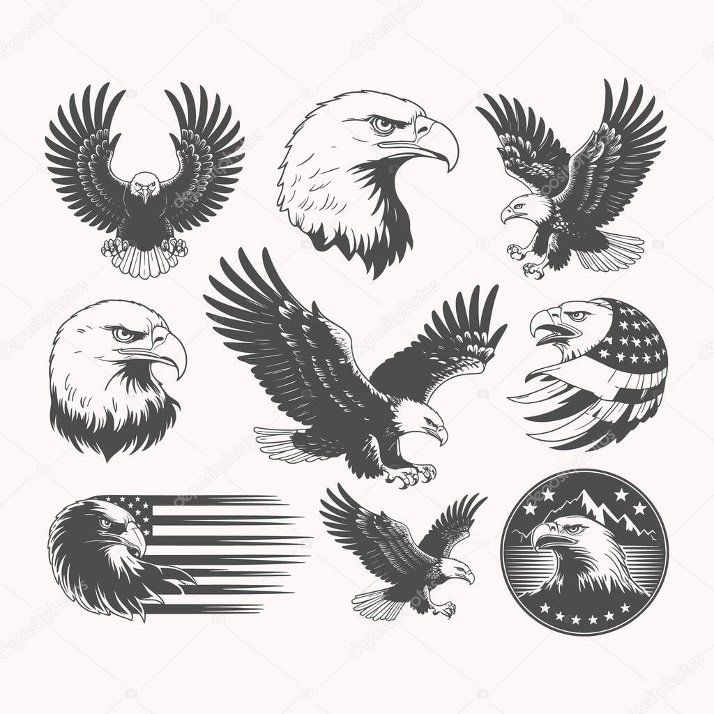 Explore a collection of dynamic eagle silhouette vector illustrations perfect for bold t-shirt designs. These unique and detailed eagle graphics showcase various flying and perched positions, ideal for apparel, merchandise, and logo creation. Ideal f