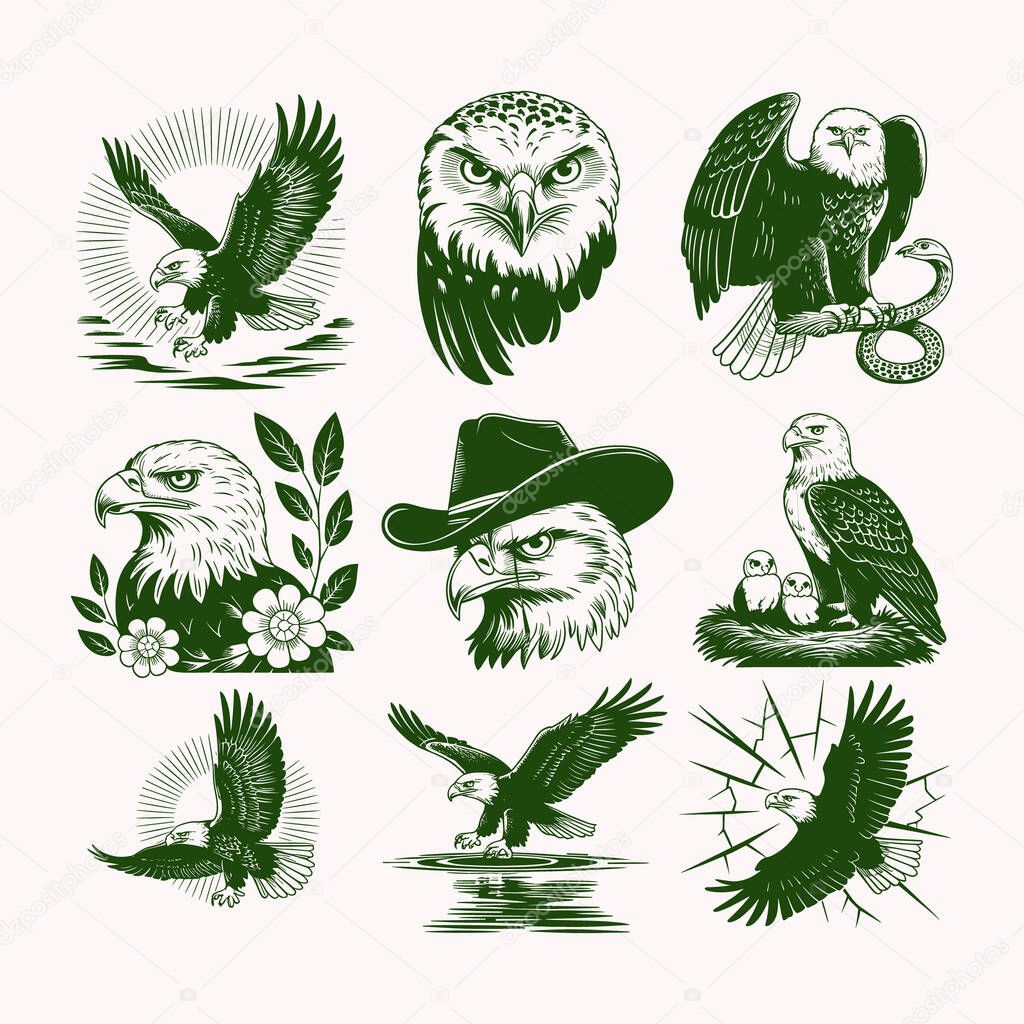 Explore a collection of dynamic eagle silhouette vector illustrations perfect for bold t-shirt designs. These unique and detailed eagle graphics showcase various flying and perched positions, ideal for apparel, merchandise, and logo creation. Ideal f