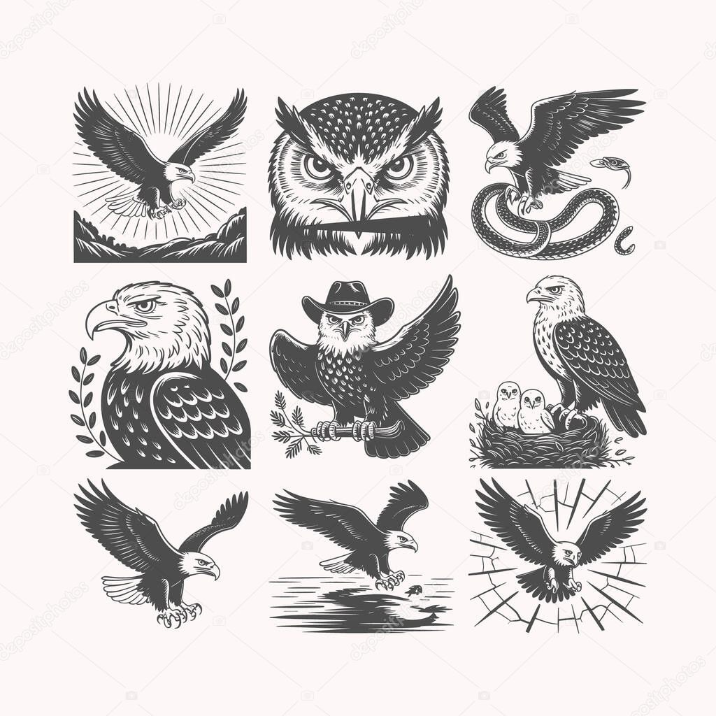 Explore a collection of dynamic eagle silhouette vector illustrations perfect for bold t-shirt designs. These unique and detailed eagle graphics showcase various flying and perched positions, ideal for apparel, merchandise, and logo creation. Ideal f
