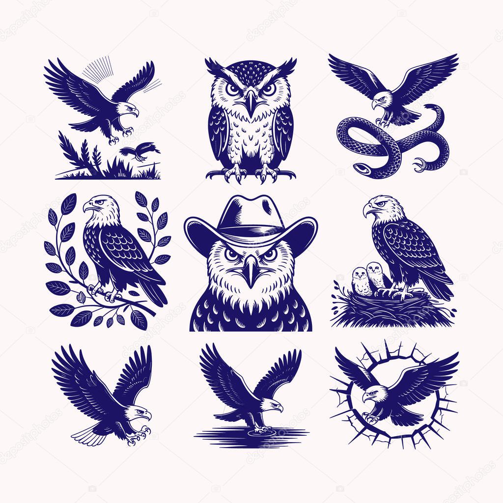 Explore a collection of dynamic eagle silhouette vector illustrations perfect for bold t-shirt designs. These unique and detailed eagle graphics showcase various flying and perched positions, ideal for apparel, merchandise, and logo creation. Ideal f