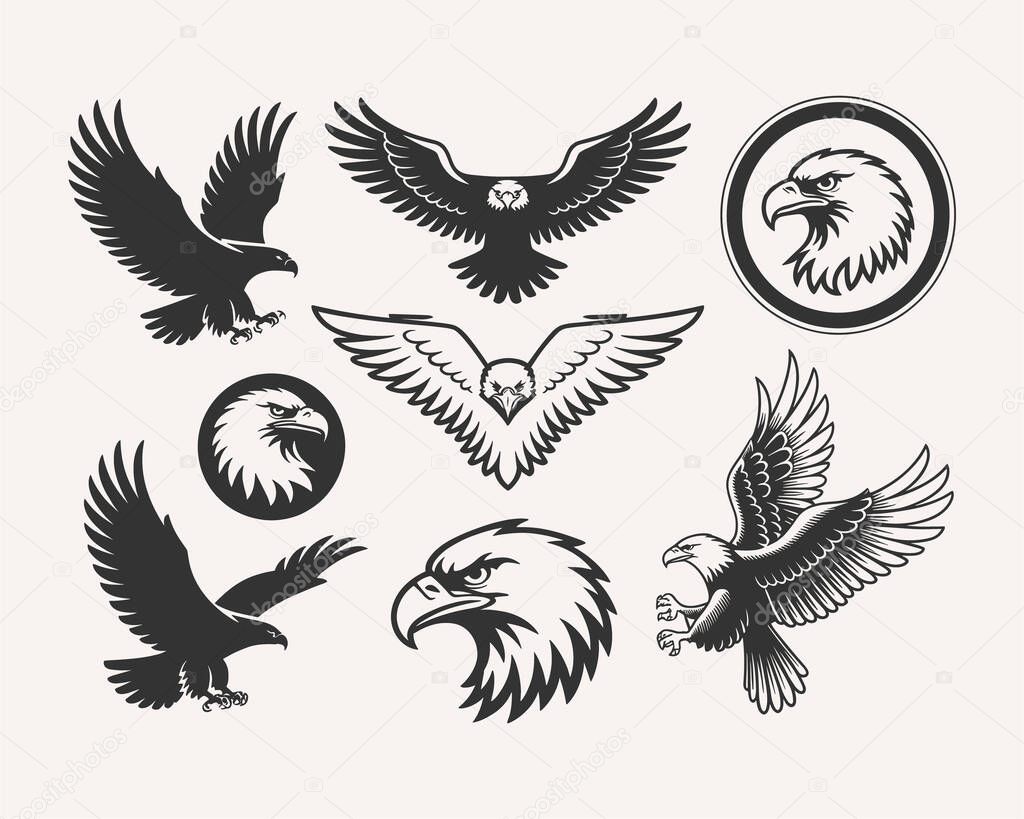Explore a collection of dynamic eagle silhouette vector illustrations perfect for bold t-shirt designs. These unique and detailed eagle graphics showcase various flying and perched positions, ideal for apparel, merchandise, and logo creation. Ideal f