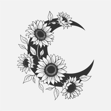 İçinde bir gül, kristaller ve hilal şeklinde bir ay bulunan güzel siyah ve beyaz çizimler. Geometrik ve çiçekli elementleri harmanlayan çarpıcı bir tasarım, mistik ve doğadan esinlenilmiş sanat için mükemmel. Tişörtler, baskılar ya da bohem ürünler için idealdir.