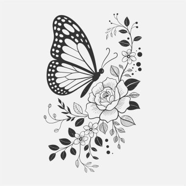 Zarif siyah ve beyaz bir illüstrasyonda bir gülü çevreleyen narin sarmaşıklar ve çiçeklerle tünemiş bir kelebek görülüyor. Doğadan esinlenilmiş bir tasarım, tişörtler, baskılar ve botanik temalı ürünler için mükemmel. İlgi meraklısı olanlar için ideal.