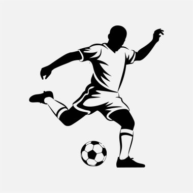 Futbol oyuncusunun topa vuruşunun dinamik silüeti. Sporseverler, sporcular ve futbol meraklıları için mükemmel bir tasarım. Bu tasarım, hareketin ve oyunun tutkusunun özünü yansıtıyor. Tişörtler, spor malzemeleri ve ürünler için ideal.