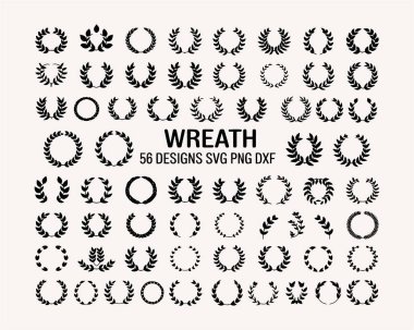Defne ve çiçek desenleri de dahil olmak üzere çeşitli şekillerde 56 adet siyah ve beyaz çelenk koleksiyonu. SVG, PNG ve DXF biçimlerinde kullanılabilir. El işi, tişört, parmak izi ve çeşitli tasarım projeleri için mükemmel. Tasarımcılar ve zanaatkarlar tuvaleti için ideal.
