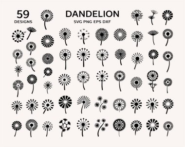59 karahindiba desenli siyah beyaz koleksiyon, SVG, PNG, EPS ve DXF biçimlerinde mevcut. Bu eşsiz çizimler karahindibanın güzelliğini ve karmaşıklığını yakalar, tişörtler, baskılar, el sanatları ve diğer tasarım projeleri için mükemmeldir. İdeal.