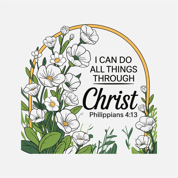 This floral Christian t-shirt design features the powerful Philippians 4:13 quote, 'I Can Do All Things Through Christ.' Surrounded by beautiful, intricate flowers, this design exudes positivity and faith. Perfect for those looking for a blend of ins