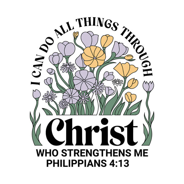 This floral Christian t-shirt design features the powerful Philippians 4:13 quote, 'I Can Do All Things Through Christ.' Surrounded by beautiful, intricate flowers, this design exudes positivity and faith. Perfect for those looking for a blend of ins