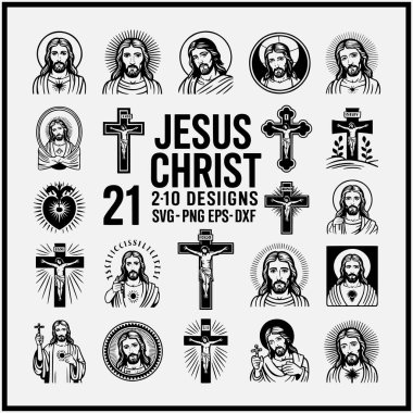 Haç, kutsal kalp ve çeşitli İsa imgelerinden oluşan 21 İsa Mesih 'in bu güçlü koleksiyonunu keşfedin. Bu çok yönlü paket SVG, PNG, EPS ve DXF dosya biçimlerini içerir, Hristiyan temalı projeler için ideal, dijital sanat ve bir yazdırma
