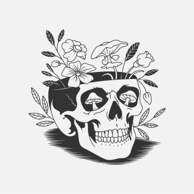 Etrafında mantar ve çiçeklerin yetiştiği yaratıcı bir kafatası tasarımı. Eşsiz tişört tasarımları için mükemmel. Bu siyah-beyaz dövme tarzı sanat eseri doğa ve gotik unsurları birleştiriyor. Sinirli, sanatsal moda meraklıları için ideal. Io için mükemmel