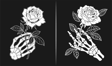 Güzel, siyah ve beyaz bir sanat eserinde gotik ve çiçekli unsurları harmanlayan bir gül tutan bir iskelet el içeren eşsiz bir dövme tasarımı. Tişört tasarımları için mükemmel, bu parça iskelet, gül ve alternatif dövme aşıkları için ideal. Bir...