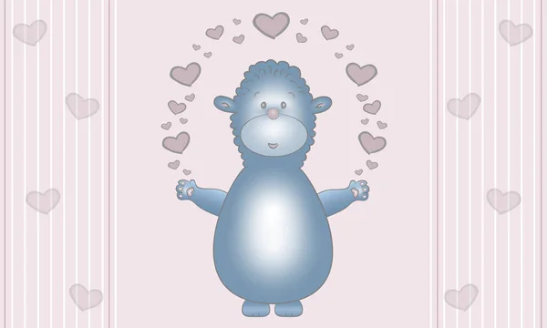 cute illustration design of blue fantasy animal creature, with earts, on pastel pink background