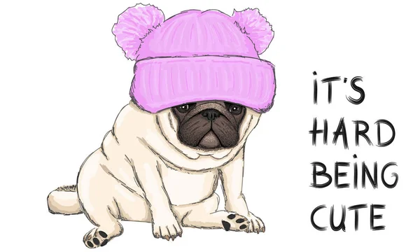 ピンクのニット帽子で座っている面白いパグ子犬のカラフルなベクトルイラストとテキストは そのハードかわいいです — ストックベクタ