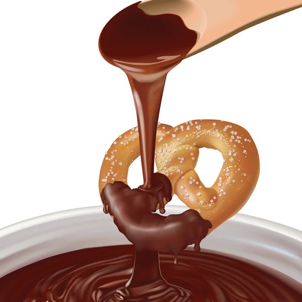 木のスプーンは 大きなパン粉プレッツェル上チョコレートのトッピングを注ぐとして余分な毛穴チョコレートのボウルに — ストックベクタ