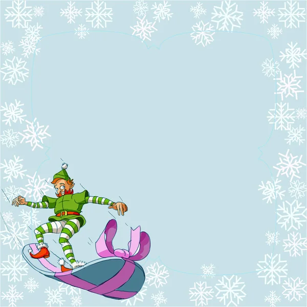 Kerst Elf Jongen Laten Vallen Uit Hemel Rijden Een Snowboard — Stockvector
