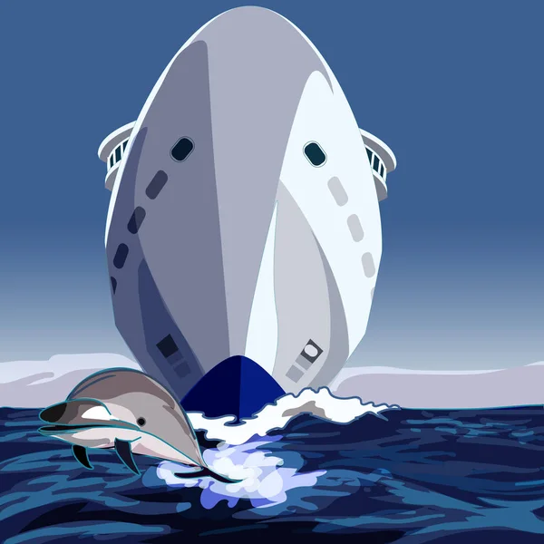 Crucero Frente Proa Desde Línea Agua Con Dolfin Nadando Frente — Vector de stock