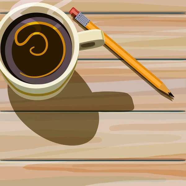 Dampfende Tasse Kaffee & Bleistift auf Holztisch — Stockvektor