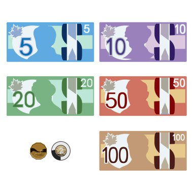 Canadian style money bills & coins clipart