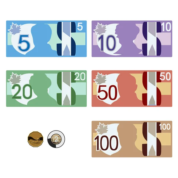 Canadian Style Money Bills Coins — Stock Vector