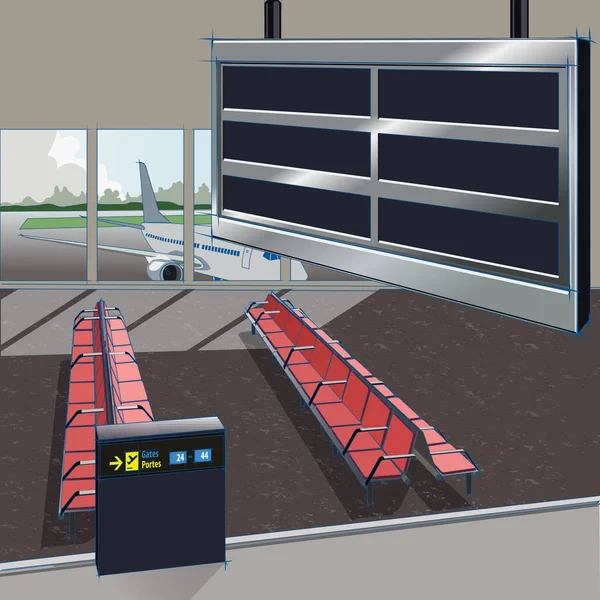 Tablero de visualización de destino del aeropuerto con vistas a un aeropuerto esperando — Archivo Imágenes Vectoriales