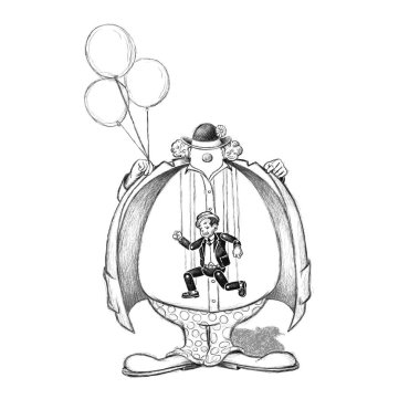 Korkunç palyaço, açılış ceket bir marionet ortaya çıkarır.