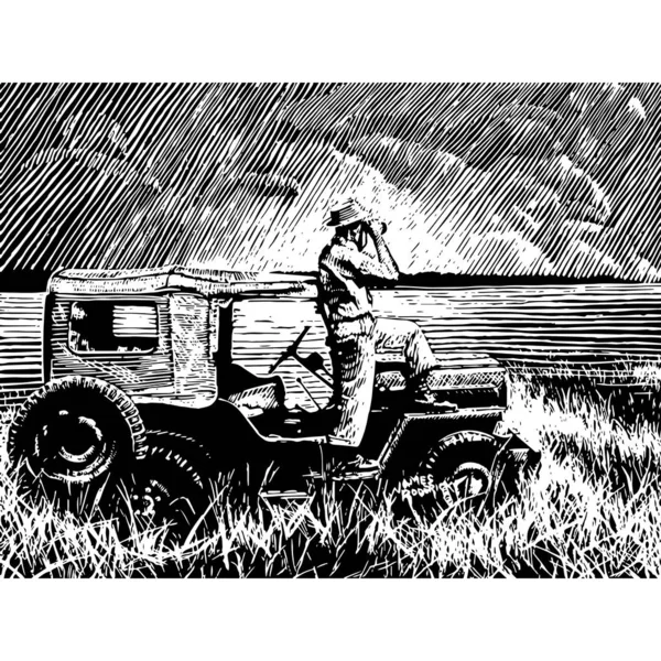 Uomo con un binocolo, in piedi su una jeep, guardando attraverso una pianura . — Vettoriale Stock