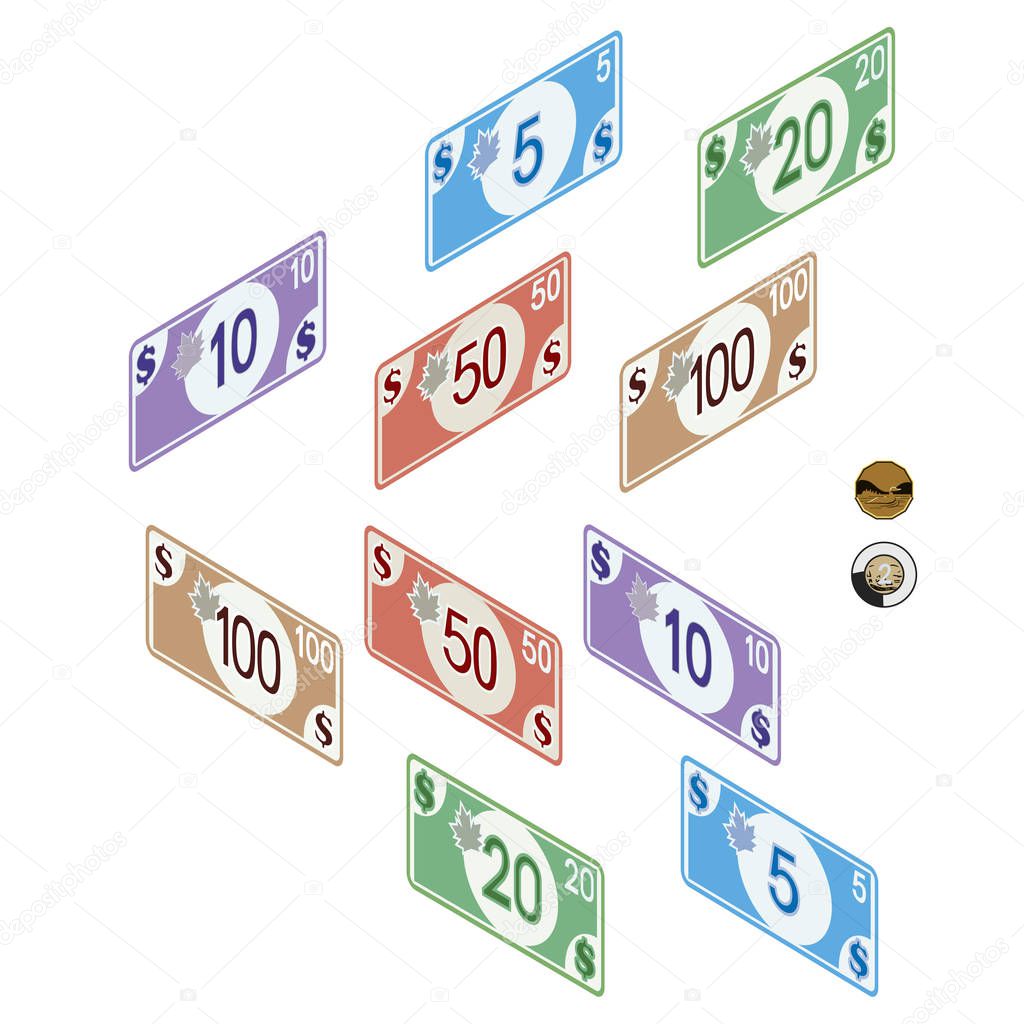 Canadian money, bills 5, 10, 20, 50 & 100, coins 1 & 2 dollars. Full color graphic renderings