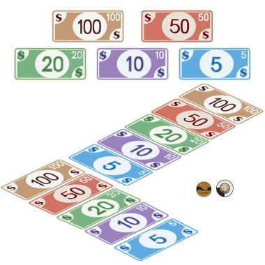 Para, banknotlar 5, 10, 20, 50 ve 100, madeni paralar 1 ve 2 dolar. Tam renkli grafik oluşturma