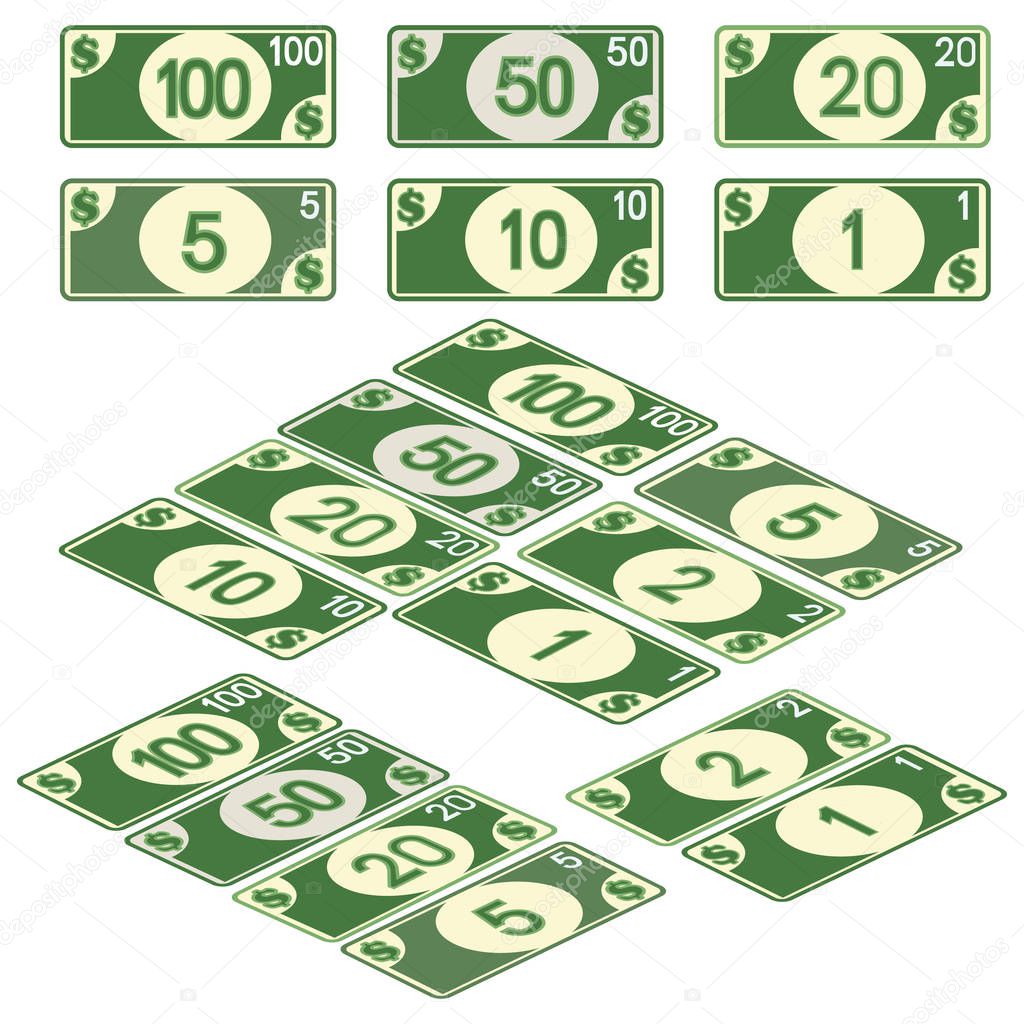 American oney, bills 5, 10, 20, 50 & 100, coins 1 & 2 dollars. Full color graphic renderings