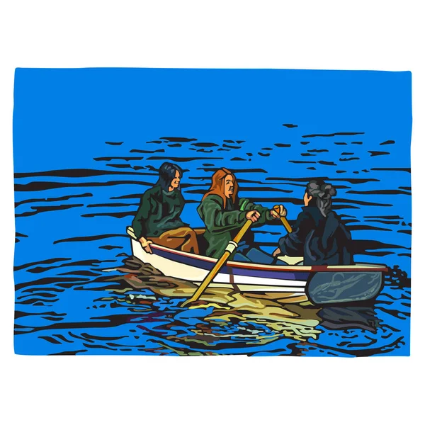 Tre Donne Cantavano Una Piccola Barca Remi — Vettoriale Stock
