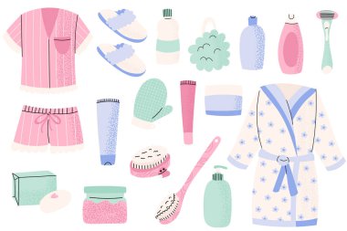 Bornoz, pijama, terlik, cilt bakımı ve pastel renkli hijyen ürünleriyle duş rutin aksesuarları. Kişisel bakım ve rahatlama kavramı